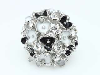 Black White Flower Cluster Puffy Fashion Cocktail Ring  