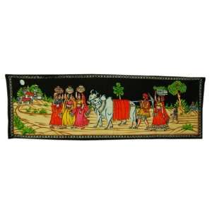 Indian Hand Painting Village Scene Wall Hanging Tapestry Runner With 