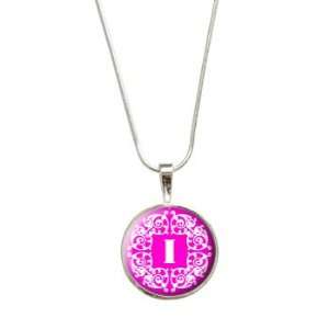  Letter I Initial Hot Pink and White Scrolls Pendant with 