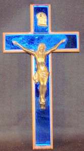   Deco Mirror Blue Glass Brass Crucifix INRI On Walnut 10  