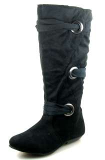 Flat Heel Knee High Strappy Women Boots Shoes BLK Sz 7  