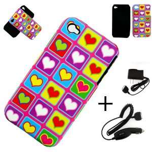   MULTI COLOR HEARTS PATTERNS COVER CASE + CAR CHARGER + WALL CHARGER