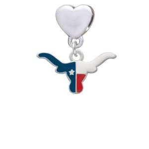 Red, White, Blue Texas Longhorn European Heart Charm Dangle Bead 