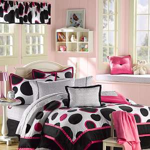 BLACK PINK POLKA DOTS TEEN GIRLS FULL 12PC Comforter Bed Room In A Bag 