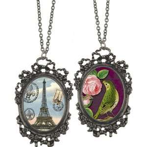   Eiffel Tower & Peacock Cameo Portrait Necklace   Matte Silver: Jewelry