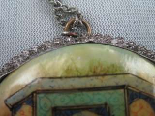   PAINTED JAPANESE MOTIF MOP PENDANT W/ SILVER WIREWORK FRAME  