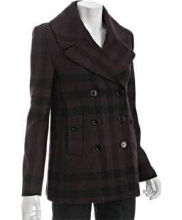 Burberry plum wool check double breasted peacoat   