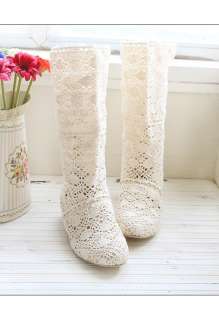 2012 Fashion New Arrival Hollow Out Flat Summer Long Lace Boots Beige 