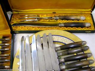 26 PC FRENCH SILVER FERRULE & HORN HANDLE KNIVES w/MATCHING CARVING 