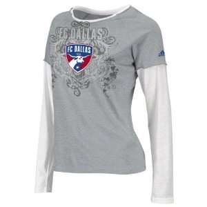 FC Dallas Womens Grey adidas Grey Center Crest Layered Long Sleeve T 