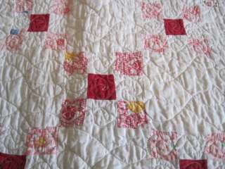 Vintage Irish Chain Quilt Pastel w Red Chain Heavily Quilted Summer 