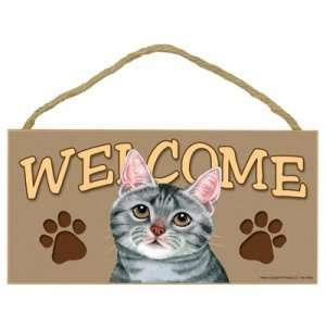  5 x 10 Wood Welcome Sign   Grey Tabby 