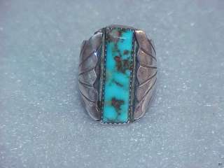 HEAVY VINTAGE NAVAJO F SIGNED STERLING SILVER MENS RING W/TURQUOISE 