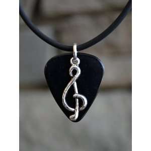 Guitar Pick Necklace with Clef Music Note Charm on Black Guitar Pick 