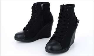Women Wedge Heel High Top Sneakers Boots Shoes Black US 5.5 8  