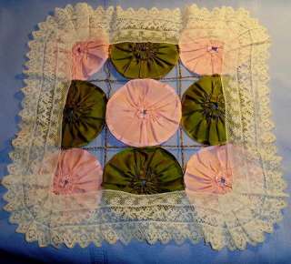 Antique Pink and Green Silk with Lace yoyo DOLL QUILT  