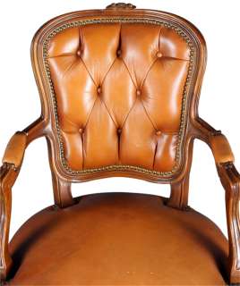 VINTAGE FRENCH COUNTRY LOUIS XV BROWN LEATHER ARMCHAIR  