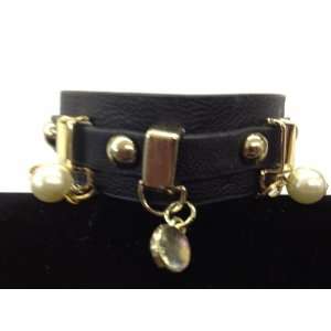  Black Leather cuff bracelet with charm: Everything Else