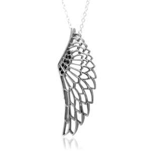 Silver Black Angel Feather Wing Black Diamond Pendant  