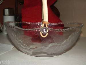 LARGE ETCHED GLASS FRUIT BOWL WITH WICKER HANDLE NICE  
