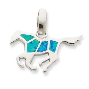    Sterling Silver Created Blue Opal Inlay Horse Pendant Jewelry
