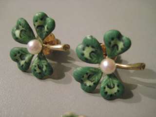 Antique 14k Gold & Enamel 4 Leaf Clover Earrings & Pin  