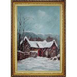  Cottage in Winter White Falling Snow Oil Painting, with 