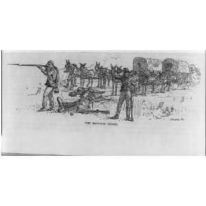 The Baggage Guard,1865,drawing by Winslow Homer,men shooting,wagons 