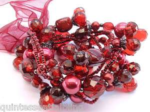 Chunky Red Seed Bead & Faux Pearl Stretch Bracelet  