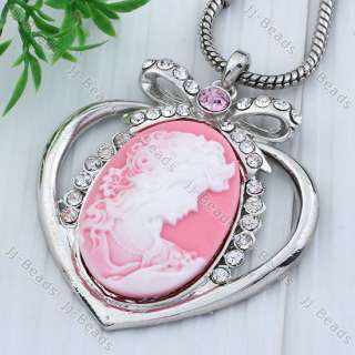   Bowknot Heart Pink Cameo Beauty Girl Portrait Pendant Fit Necklace