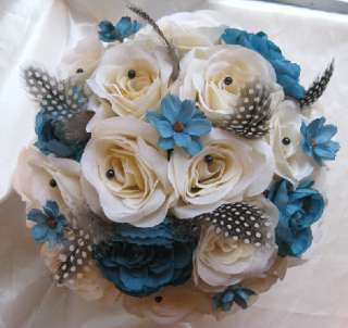 Wedding Bouquet Bridal Silk flowers TURQUOISE BLUE CREAM BLACK 17pc 