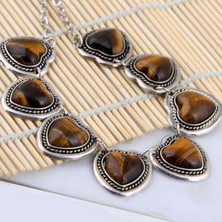Women Fashion Tibet Silver Tiger Eye Inlay Heart Chain Dangle Jewelry 