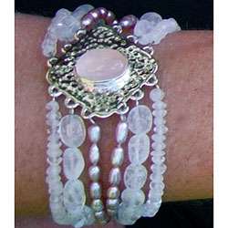 Silver Rose Quartz/ FW Pearl/ Moonstone Bracelet (USA)  Overstock
