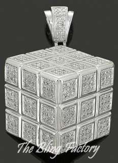 Mens 925 Sterling Silver Pave Rubiks Cube Pendant Charm  