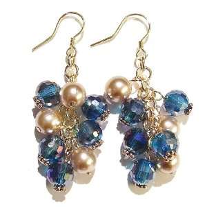  Teal Faceted Crystal & Golden Pearl Cluster Earrings 