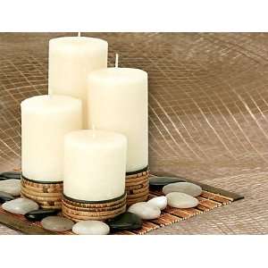   Pillar Candles with Bamboo Mat and Decorative Stones