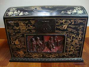 Asian lacquer trunk chest painted gold vintage Chinese Japanese box 