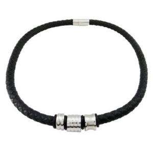 Mens Boys Black Leather Stainless Steel Necklace SN01  