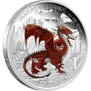 RED WELSH DRAGON Dragons Of Legend Silver Coin 1$ Tuvalu 2012  