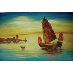   inch Seascape Art Oil Painting Hong Kong Fishing Boats: Home & Kitchen