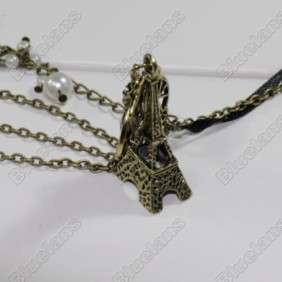   Vintage Eiffel Tower Pearl w/Tassel Pendant Necklace 5011  