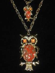 Vintage OWL Red / Orange Rhinestone & Cabachon 2 Stan Necklace  
