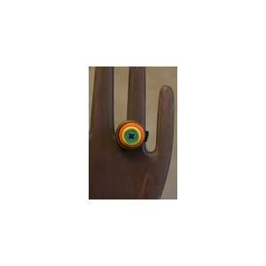  Stacked Button Ring Wood Orange Yellow & Green with Elastic 