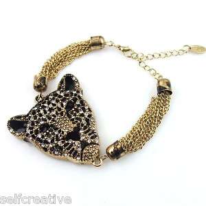 Gold Tone Rhinestone Huge Leopard Head Bracelet 7.5 10  