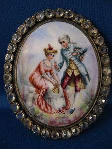 Victorian ~ COURTING COUPLE BROOCH ~ Enamel Paste Pin  