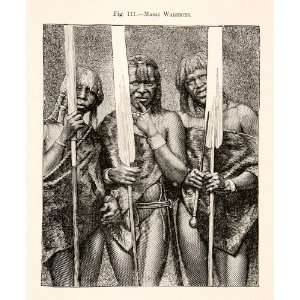 1890 Wood Engraving Portrait Costume Tribal Africa Maasai Warriors 