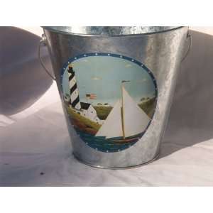 Tin Pail  7 in tall with Lighthouse Scene