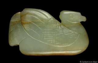ANCIENT CHINESE CALCIFIED JADE SWAN EFFIGY PENDANT  