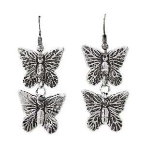    Burnished Silvertone Butterfly Dangle Fashion Earrings Jewelry