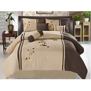   Moca and Tan Floral Embroidered Comforter Bedding Set: Home & Kitchen
